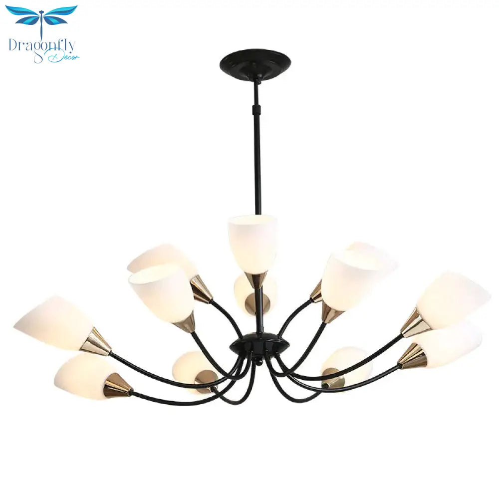 Traditional Oval Frosted 12 Lights Ceiling Light Glass Hanging Chandelier In Black For Living Room