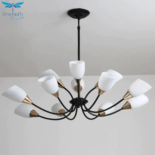 Traditional Oval Frosted 12 Lights Ceiling Light Glass Hanging Chandelier In Black For Living Room
