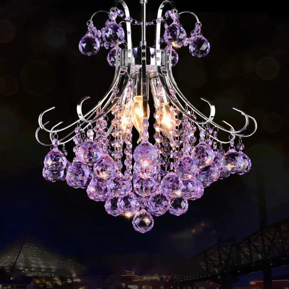 Traditional Raindrop 3 Bulb Purple/Red Faceted Crystal Ball Down Lighting In Chrome Purple