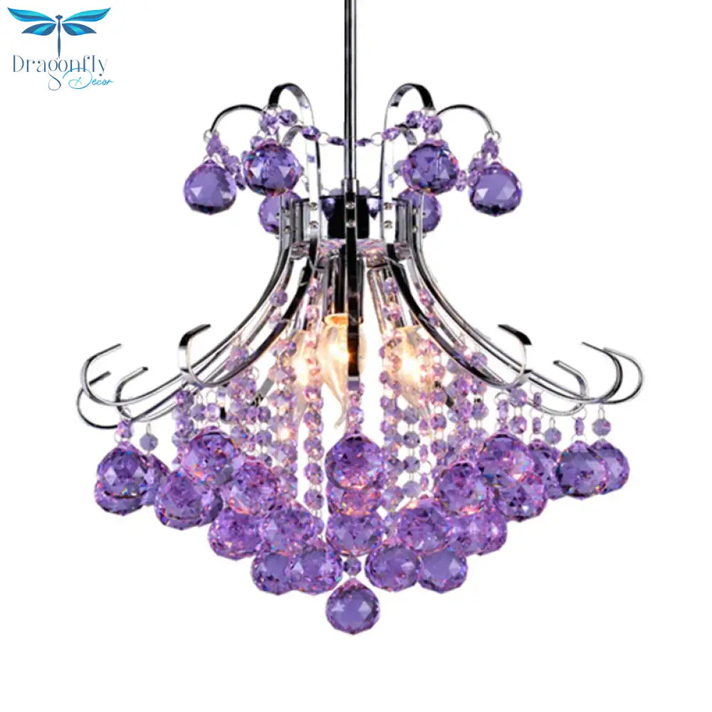Traditional Raindrop 3 Bulb Purple/Red Faceted Crystal Ball Down Lighting In Chrome