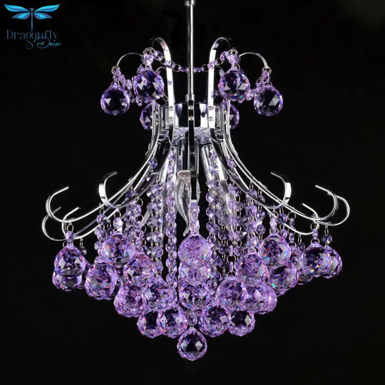 Traditional Raindrop 3 Bulb Purple/Red Faceted Crystal Ball Down Lighting In Chrome