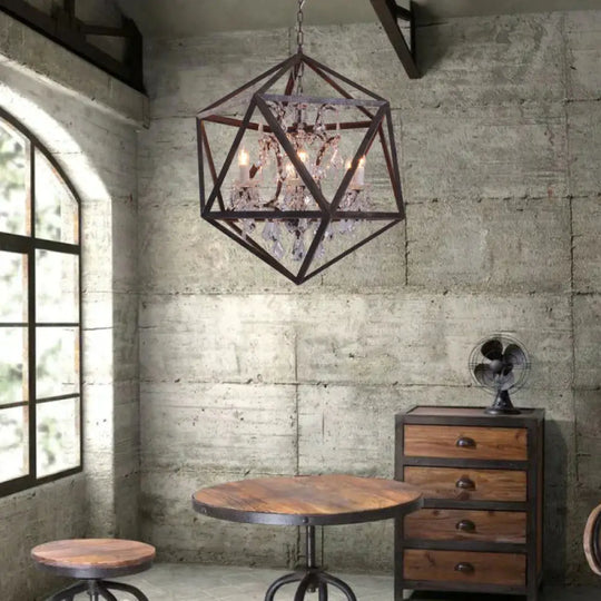 Traditional Rust Metal Hanging Ceiling Fixture With Clear Crystal Drop