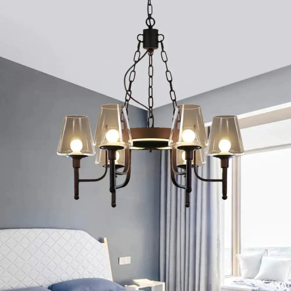 Traditional Tapered Chandelier Pendant Light 6 Heads Clear/Cream Glass Hanging Lamp In Rust For