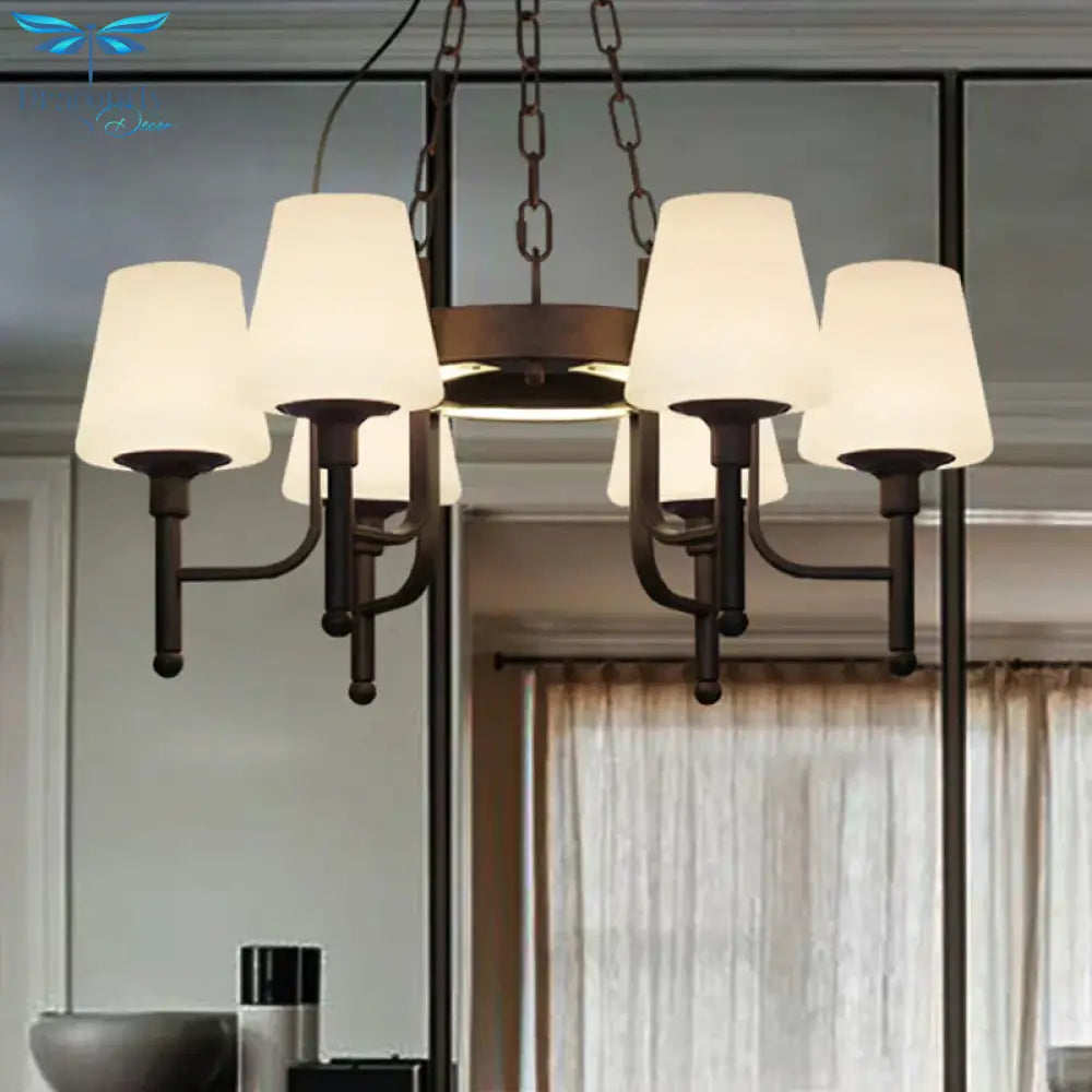 Traditional Tapered Chandelier Pendant Light 6 Heads Clear/Cream Glass Hanging Lamp In Rust For
