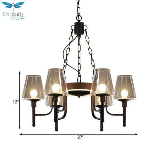 Traditional Tapered Chandelier Pendant Light 6 Heads Clear/Cream Glass Hanging Lamp In Rust For