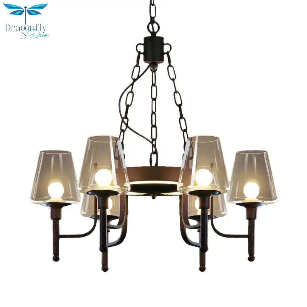 Traditional Tapered Chandelier Pendant Light 6 Heads Clear/Cream Glass Hanging Lamp In Rust For