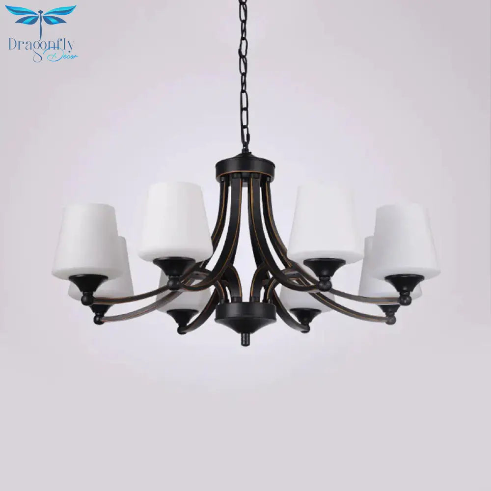 Traditional Tulip Chandelier Light Fixture 3/5/8 Bulbs Milky Glass Pendant Lighting In Black For