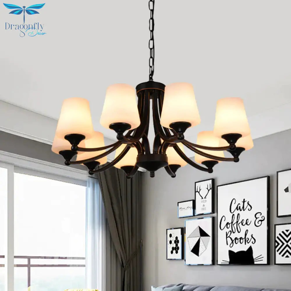 Traditional Tulip Chandelier Light Fixture 3/5/8 Bulbs Milky Glass Pendant Lighting In Black For