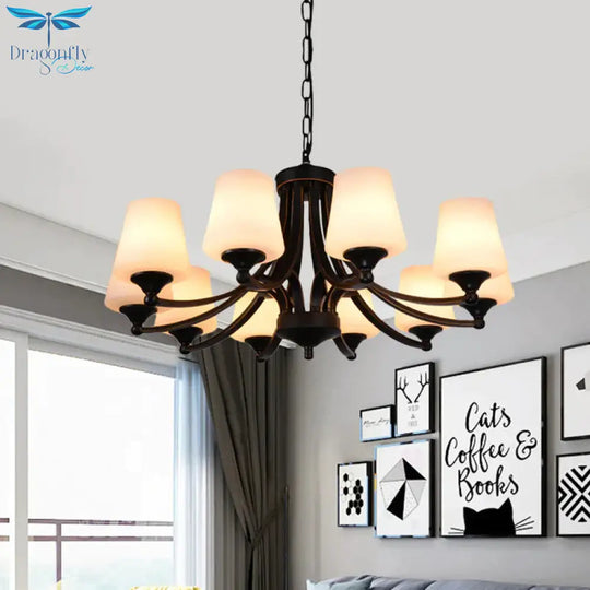 Traditional Tulip Chandelier Light Fixture 3/5/8 Bulbs Milky Glass Pendant Lighting In Black For