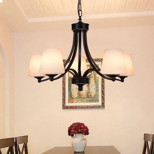 Traditional Tulip Chandelier Light Fixture 3/5/8 Bulbs Milky Glass Pendant Lighting In Black For