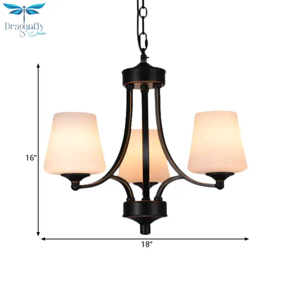 Traditional Tulip Chandelier Light Fixture 3/5/8 Bulbs Milky Glass Pendant Lighting In Black For