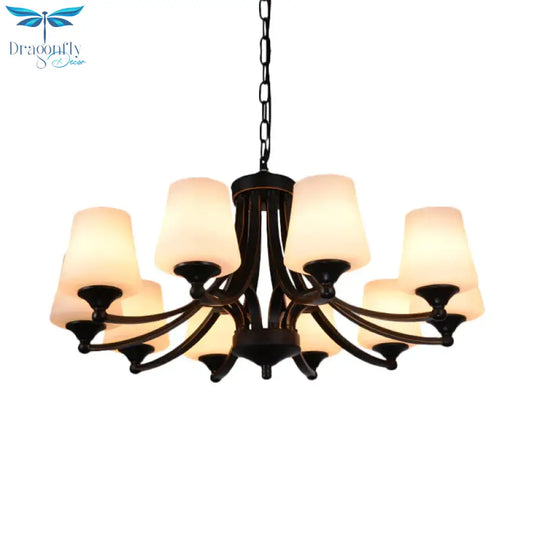 Traditional Tulip Chandelier Light Fixture 3/5/8 Bulbs Milky Glass Pendant Lighting In Black For