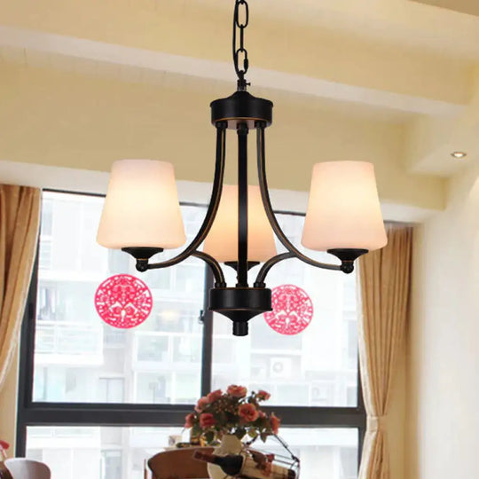 Traditional Tulip Chandelier Light Fixture 3/5/8 Bulbs Milky Glass Pendant Lighting In Black For
