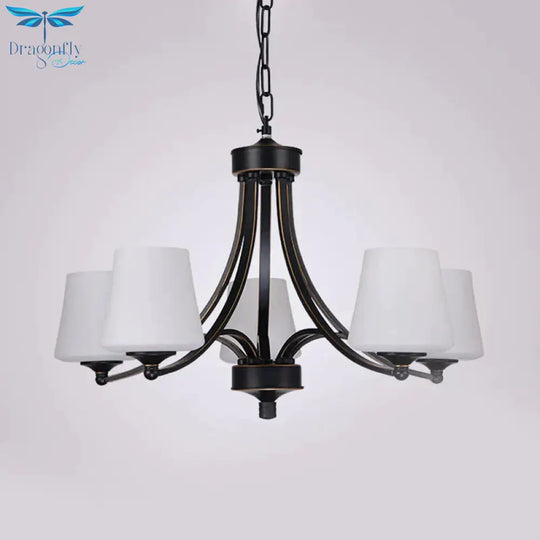 Traditional Tulip Chandelier Light Fixture 3/5/8 Bulbs Milky Glass Pendant Lighting In Black For
