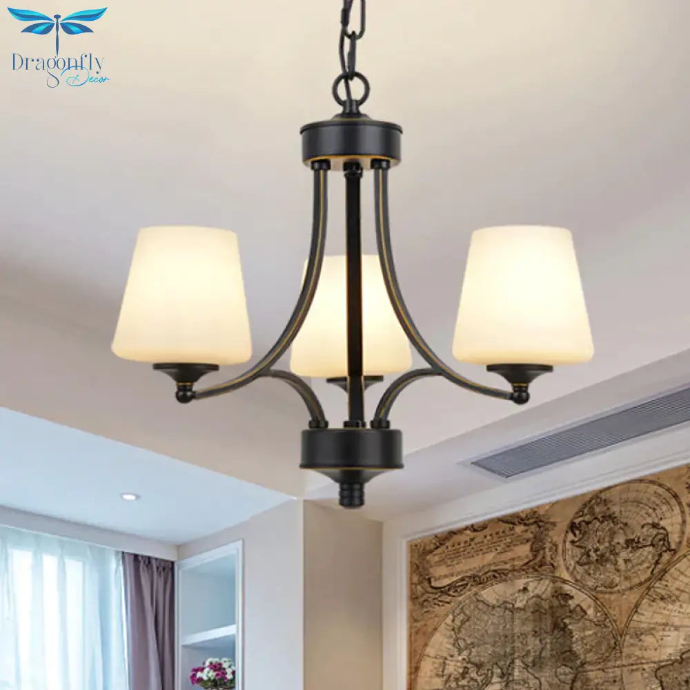 Traditional Tulip Chandelier Light Fixture 3/5/8 Bulbs Milky Glass Pendant Lighting In Black For