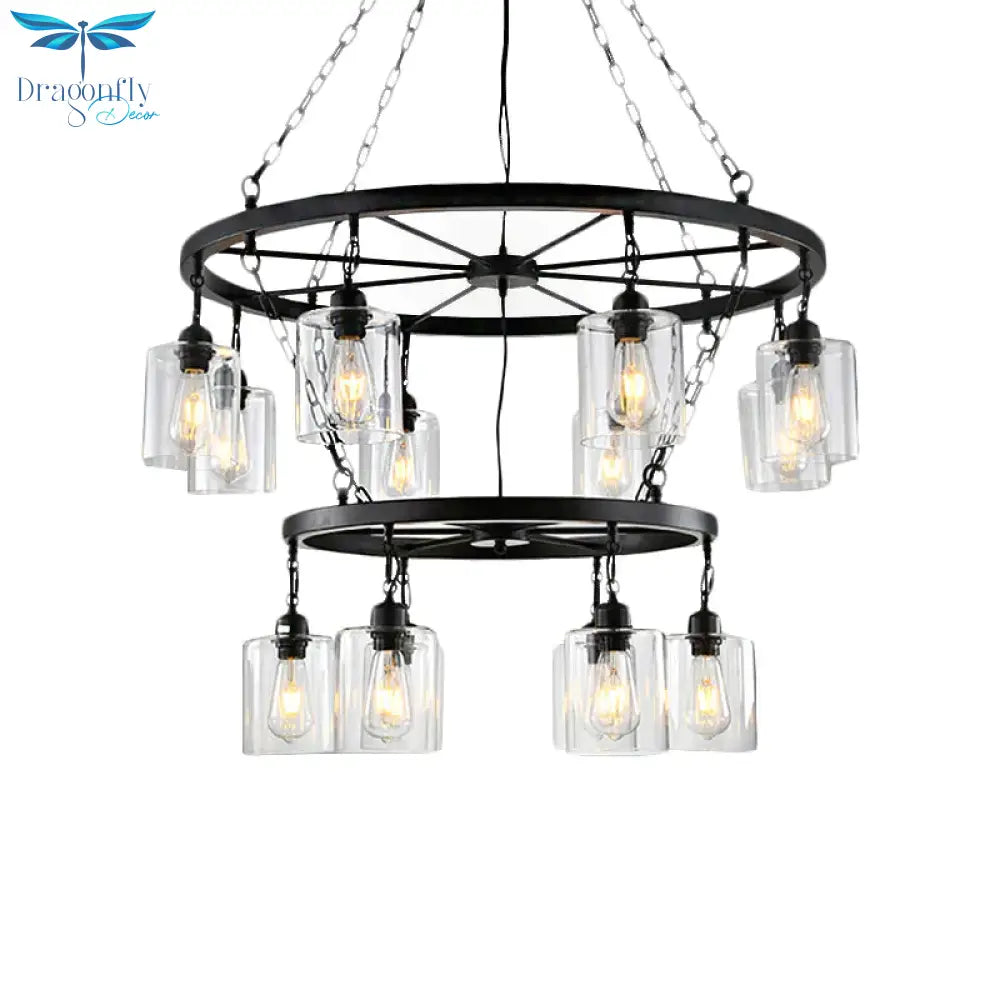 Traditional Two - Tiers 14 Lights Clear Glass Hanging Chandelier In Black With Cylinder Shade