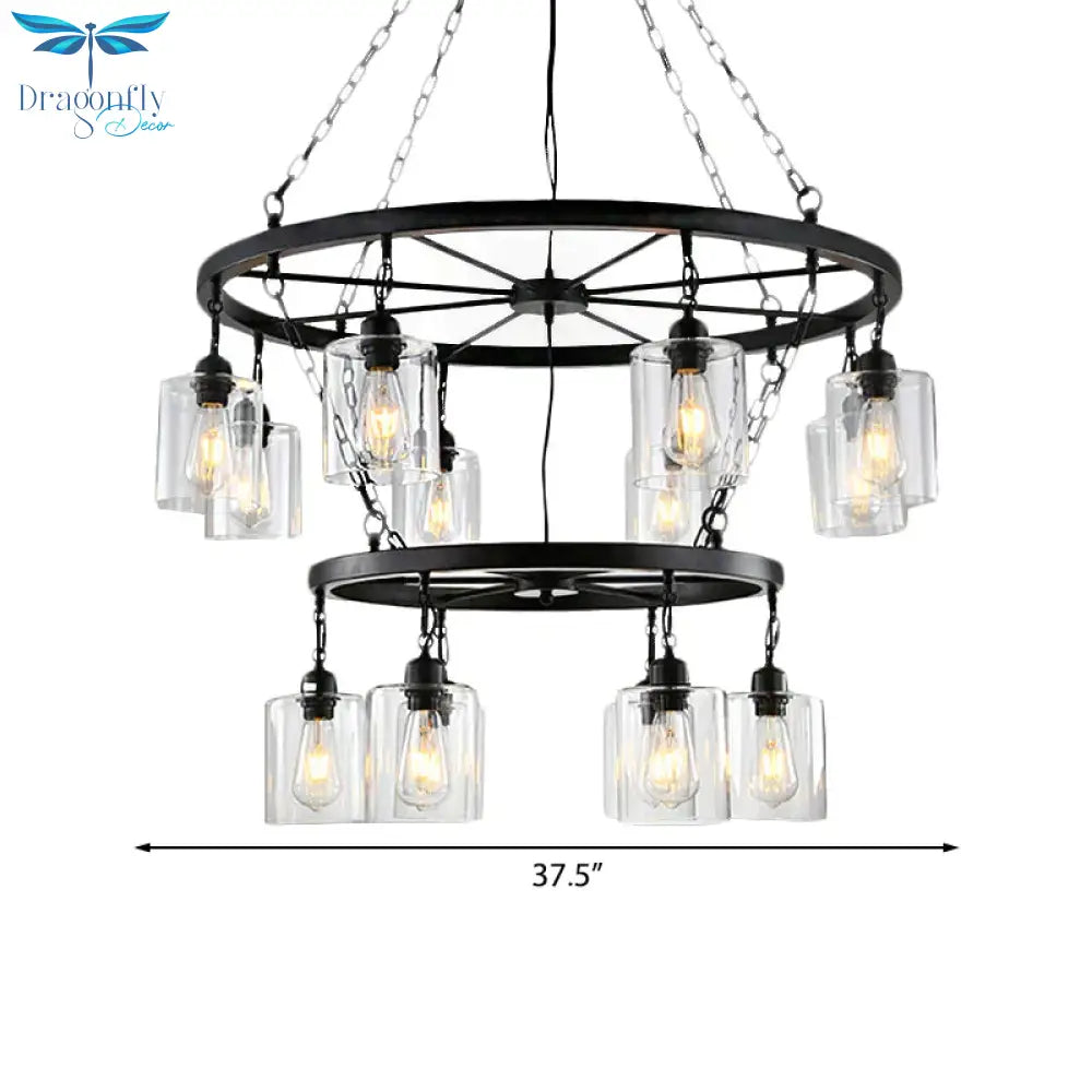 Traditional Two - Tiers 14 Lights Clear Glass Hanging Chandelier In Black With Cylinder Shade