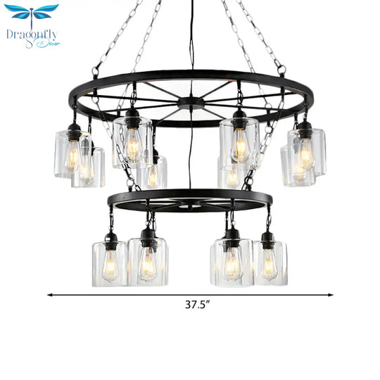 Traditional Two - Tiers 14 Lights Clear Glass Hanging Chandelier In Black With Cylinder Shade