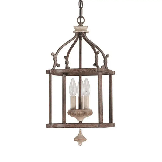 Traditional Wooden Birdcage Hanging Lamp 3 Bulbs Metal Chandelier Light Fixture In Rust For Living