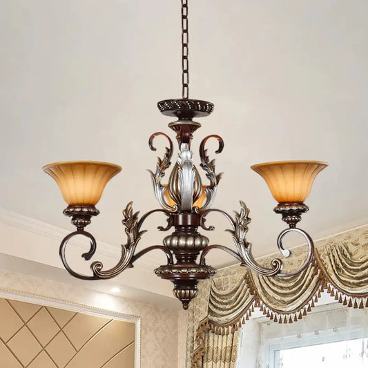 Traditionalist Bell Pendant Light 3 Lights Amber Glass Chandelier Lamp In Bronze With Carved Design