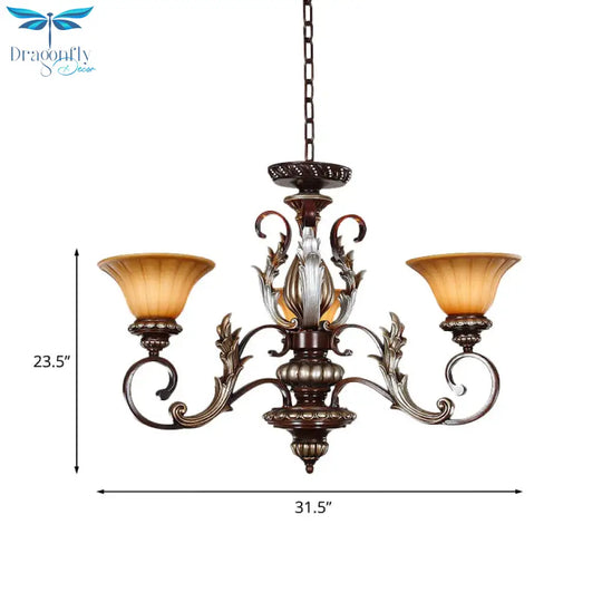 Traditionalist Bell Pendant Light 3 Lights Amber Glass Chandelier Lamp In Bronze With Carved Design