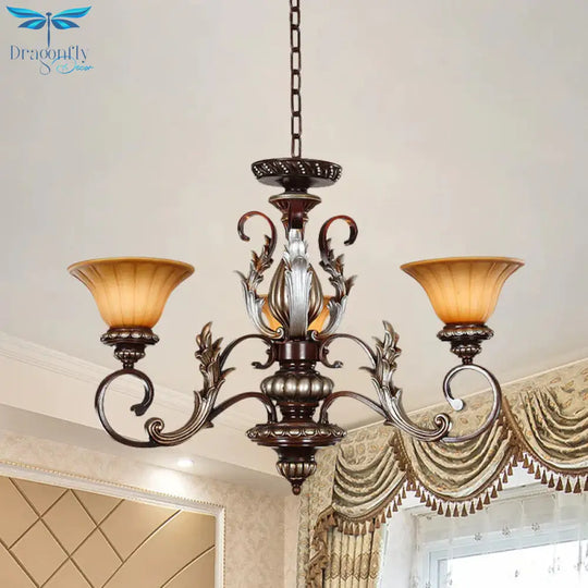 Traditionalist Bell Pendant Light 3 Lights Amber Glass Chandelier Lamp In Bronze With Carved Design