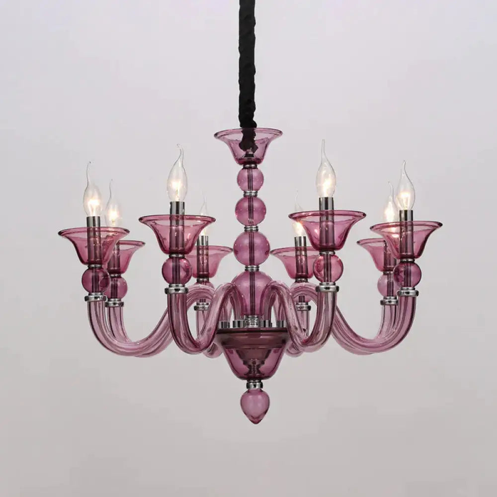 Traditionary Beige/Purple/Blue Glass Hanging Lamp With 10 Bulbs Purple