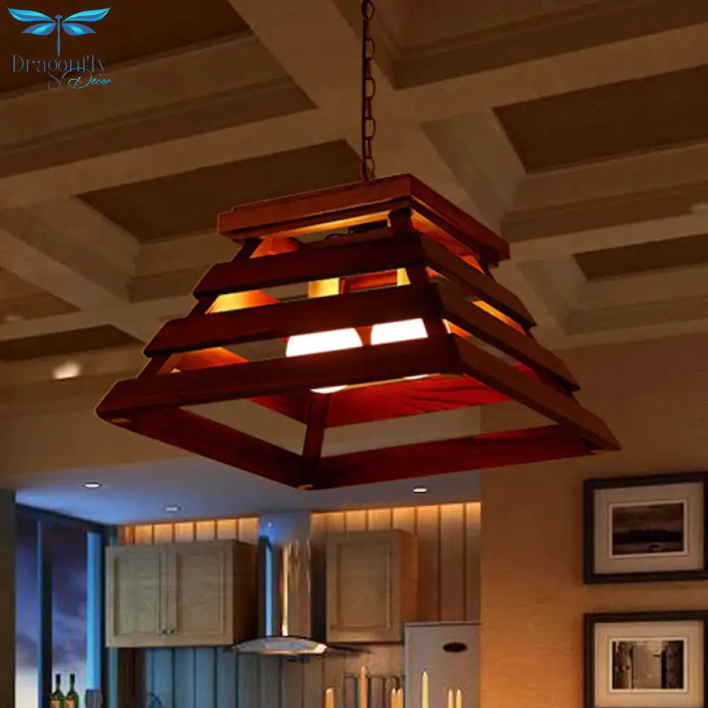 Trapezoid Cage Dining Room Pendant Light Kit Traditional Wood 2 - Bulb Brown Hanging Chandelier