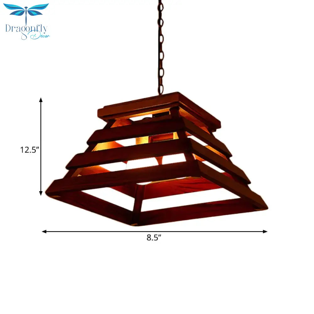 Trapezoid Cage Dining Room Pendant Light Kit Traditional Wood 2 - Bulb Brown Hanging Chandelier