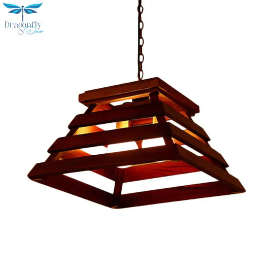 Trapezoid Cage Dining Room Pendant Light Kit Traditional Wood 2 - Bulb Brown Hanging Chandelier