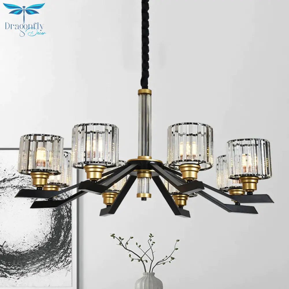 Tri - Sided Crystal Rod Cylinder Pendant Lighting Contemporary 6/8 Heads Black Hanging Chandelier