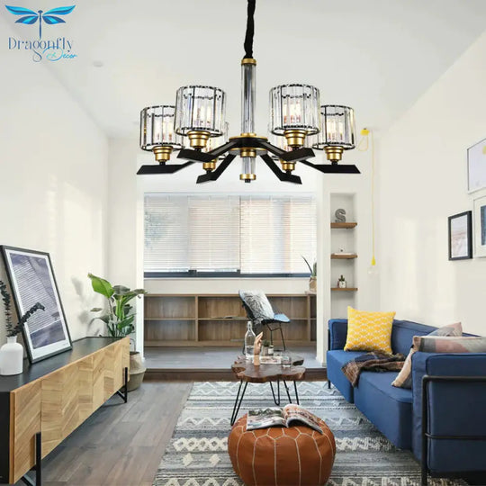 Tri - Sided Crystal Rod Cylinder Pendant Lighting Contemporary 6/8 Heads Black Hanging Chandelier
