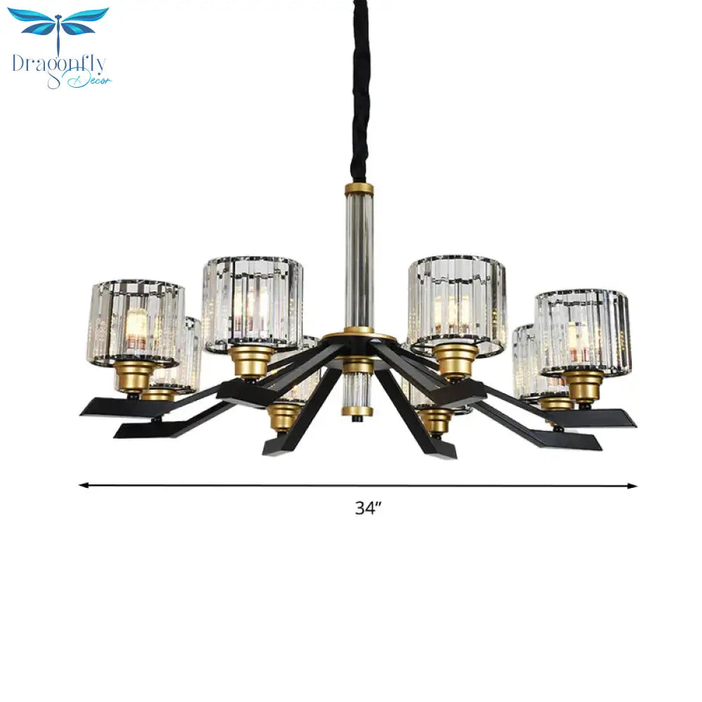 Tri - Sided Crystal Rod Cylinder Pendant Lighting Contemporary 6/8 Heads Black Hanging Chandelier
