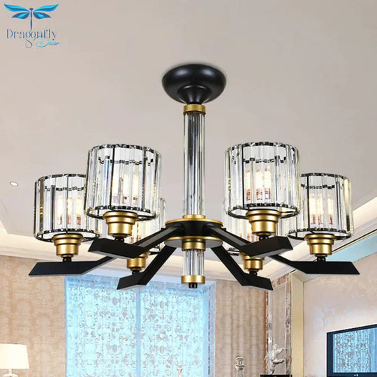 Tri - Sided Crystal Rod Cylinder Pendant Lighting Contemporary 6/8 Heads Black Hanging Chandelier