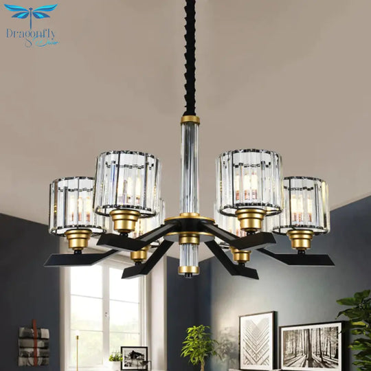 Tri - Sided Crystal Rod Cylinder Pendant Lighting Contemporary 6/8 Heads Black Hanging Chandelier
