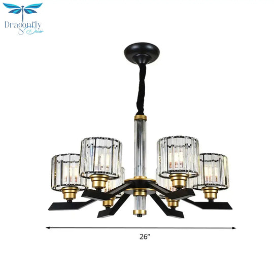 Tri - Sided Crystal Rod Cylinder Pendant Lighting Contemporary 6/8 Heads Black Hanging Chandelier