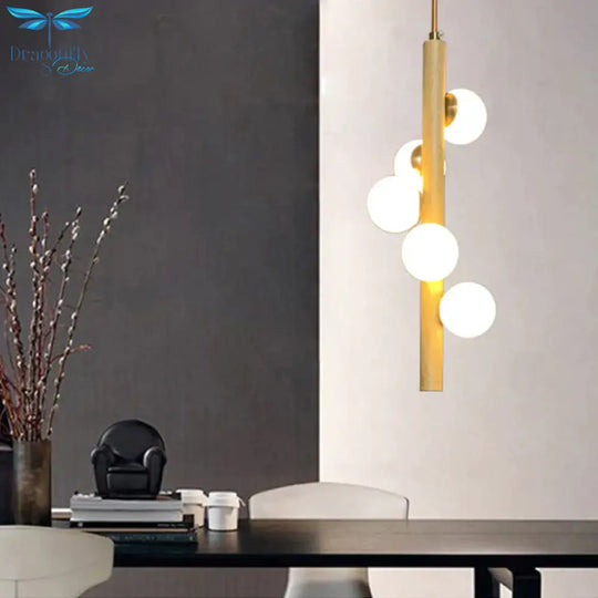 Tube Wood Chandelier Lighting Fixture Asian Style 5 Heads Beige Hanging Ceiling Lamp With Bubble
