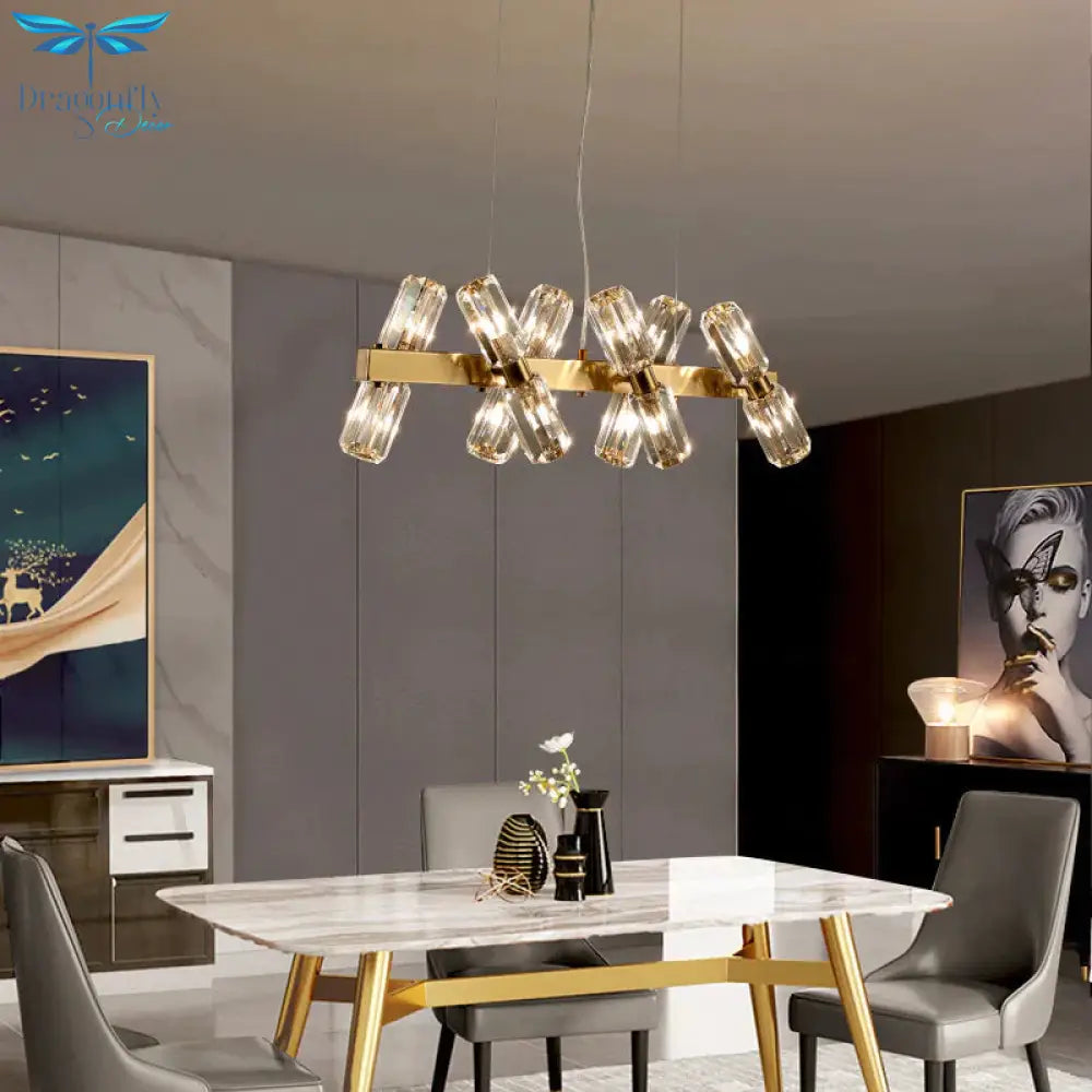 Tubular Chandelier Lamp Traditionary Beveled Crystal 12/16 Bulbs Gold Hanging Pendant Light