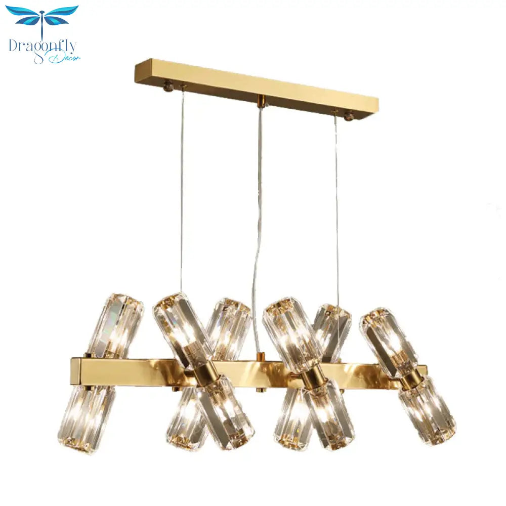 Tubular Chandelier Lamp Traditionary Beveled Crystal 12/16 Bulbs Gold Hanging Pendant Light