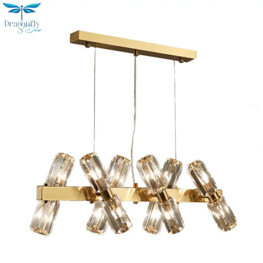 Tubular Chandelier Lamp Traditionary Beveled Crystal 12/16 Bulbs Gold Hanging Pendant Light