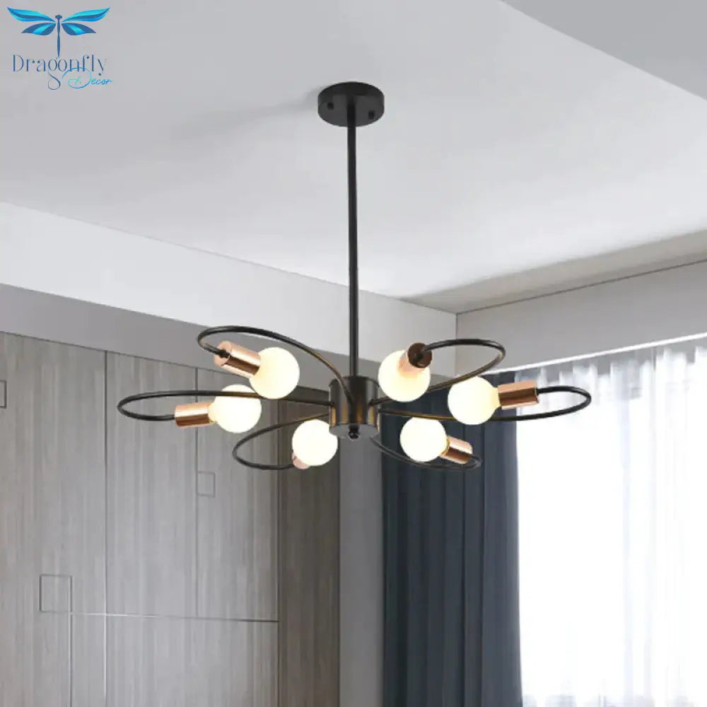 Twisted Arm Chandelier Light - Traditional Black Iron Hanging Lamp With Frosted Glass Shade 6 Bulbs