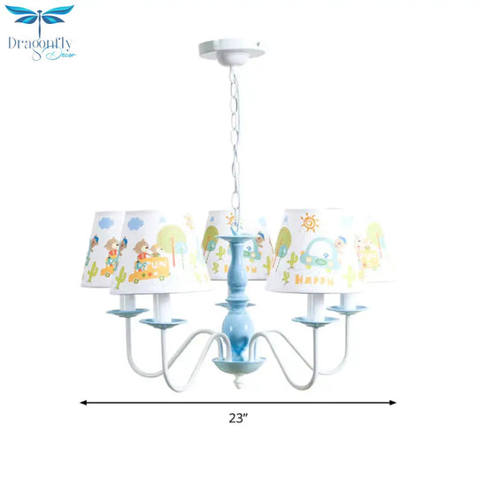 Undertint Tapered Shade Chandelier With Cartoon Pattern 5 Lights Metal Hanging Light For