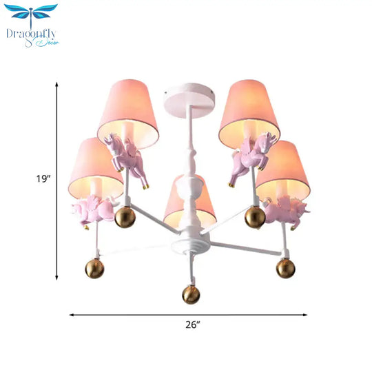 Unicorn Girl’s Room Chandelier Resin 3/5 - Head Kids Hanging Light In White With Pink Cone Shade