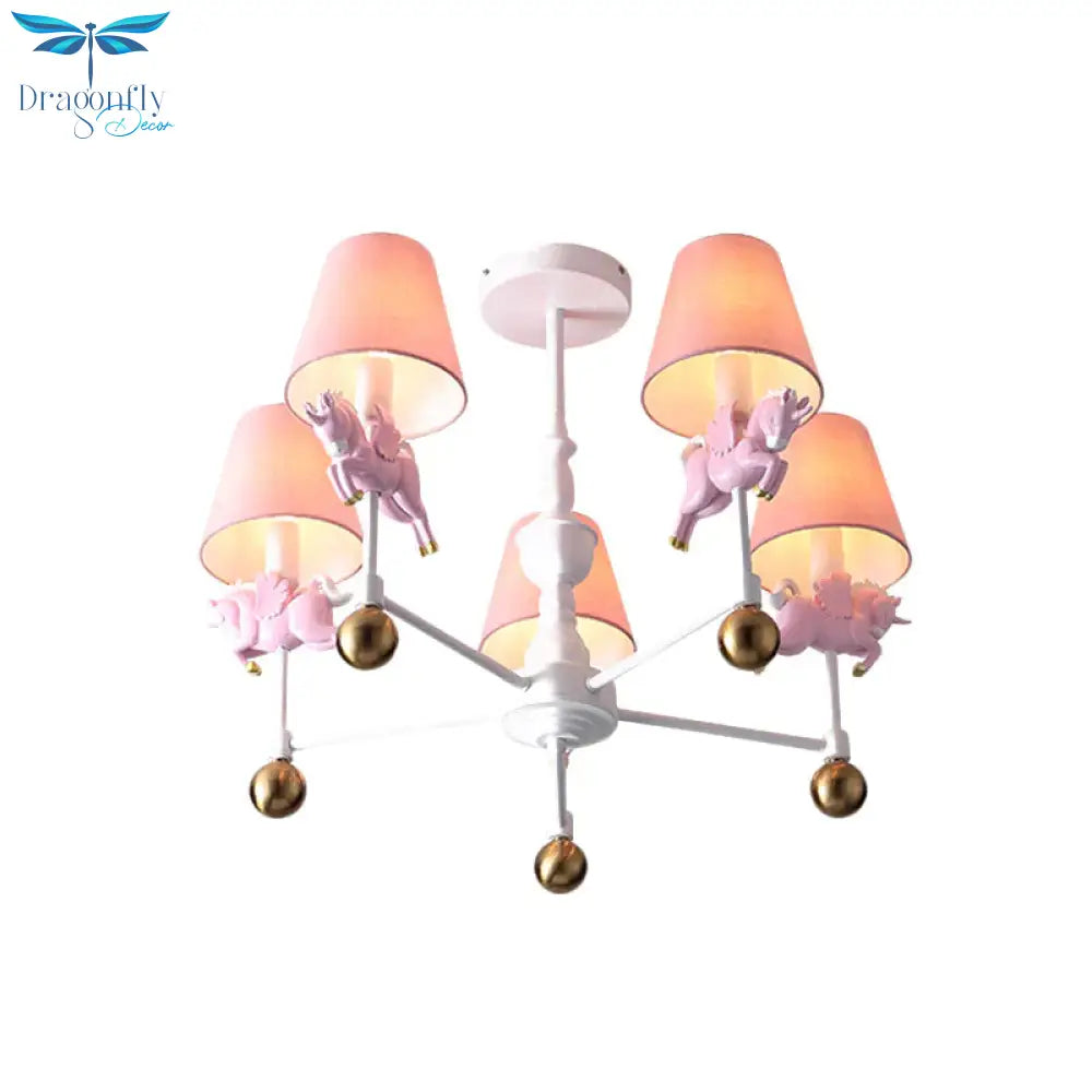Unicorn Girl’s Room Chandelier Resin 3/5 - Head Kids Hanging Light In White With Pink Cone Shade