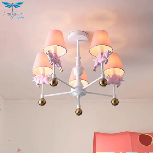 Unicorn Girl’s Room Chandelier Resin 3/5 - Head Kids Hanging Light In White With Pink Cone Shade