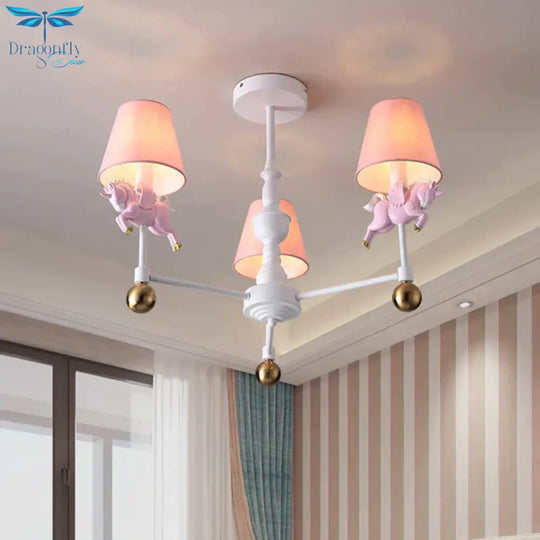 Unicorn Girl’s Room Chandelier Resin 3/5 - Head Kids Hanging Light In White With Pink Cone Shade
