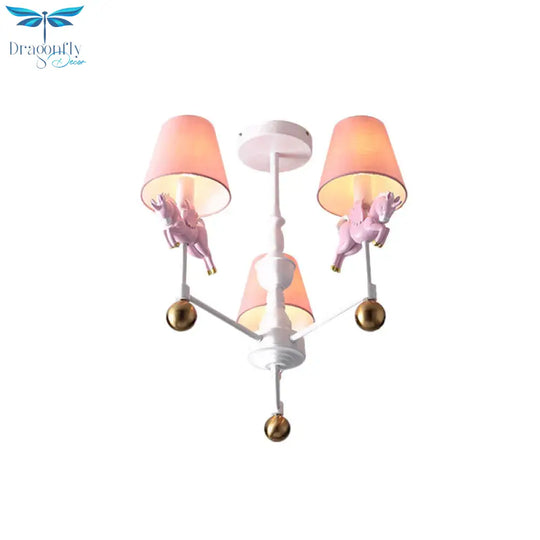 Unicorn Girl’s Room Chandelier Resin 3/5 - Head Kids Hanging Light In White With Pink Cone Shade