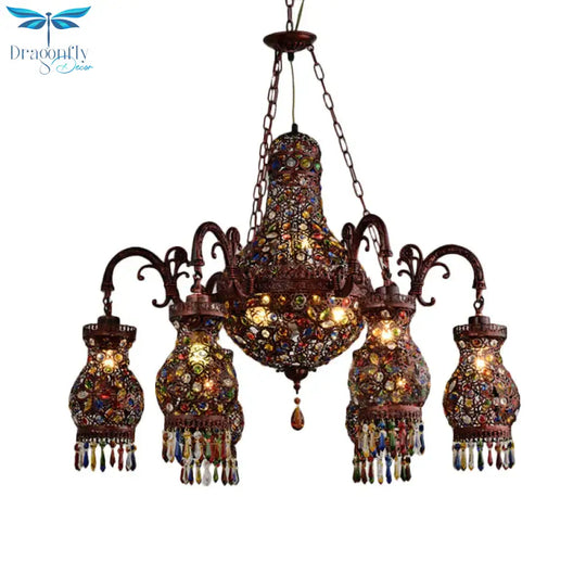 Urn Shaped Restaurant Ceiling Chandelier Bohemian Metal 9 Lights Copper Hanging Lamp Kit