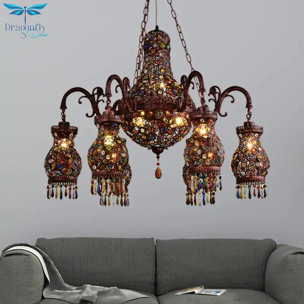 Urn Shaped Restaurant Ceiling Chandelier Bohemian Metal 9 Lights Copper Hanging Lamp Kit