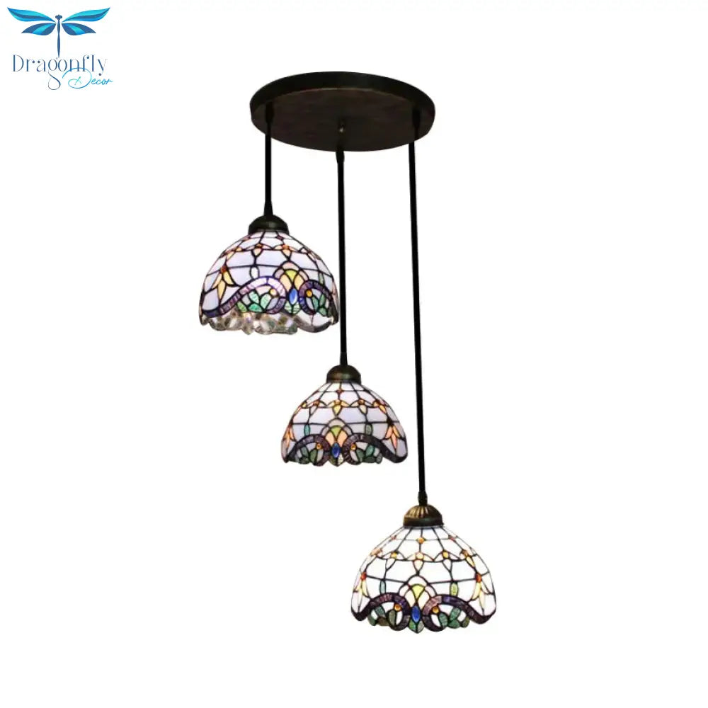 Victorian Dome Pendant Light Stained Glass 3 Heads Linear/Round Hanging In White/Blue For Dining
